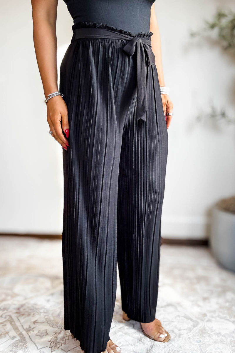 Pleated Black Wide Leg Paperback Self Tie Pants