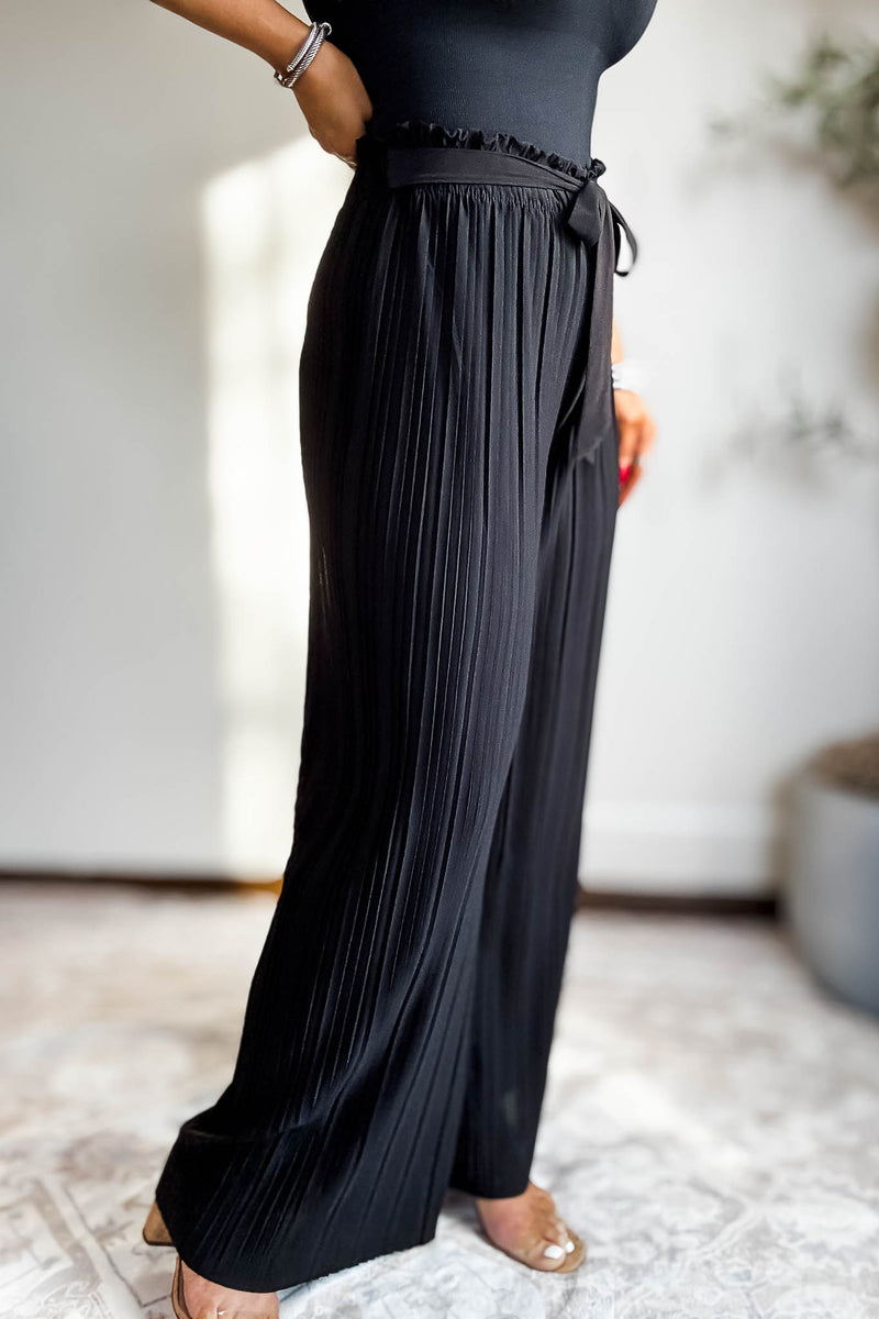 Pleated Black Wide Leg Paperback Self Tie Pants