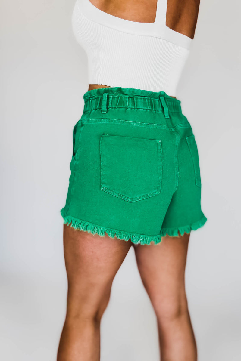 Paperbag Waist Stone Washed Green Shorts