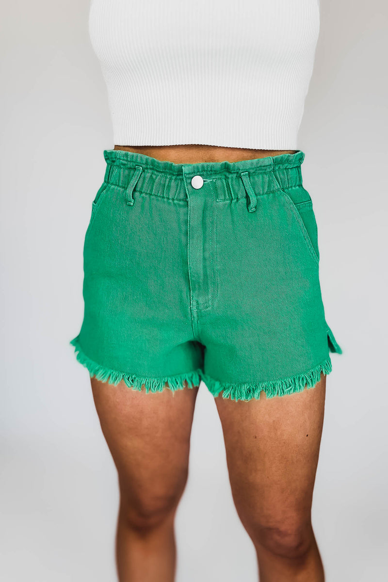 Paperbag Waist Stone Washed Green Shorts