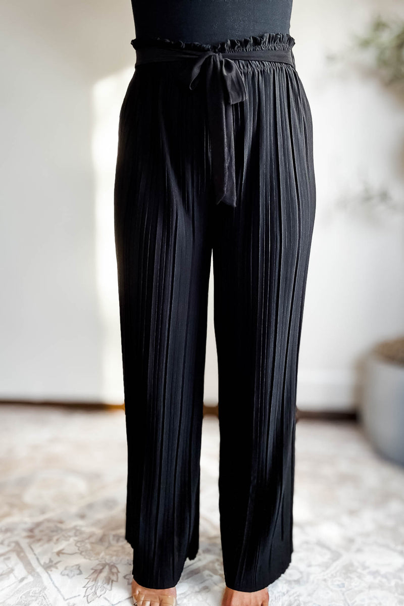 Pleated Black Wide Leg Paperback Self Tie Pants