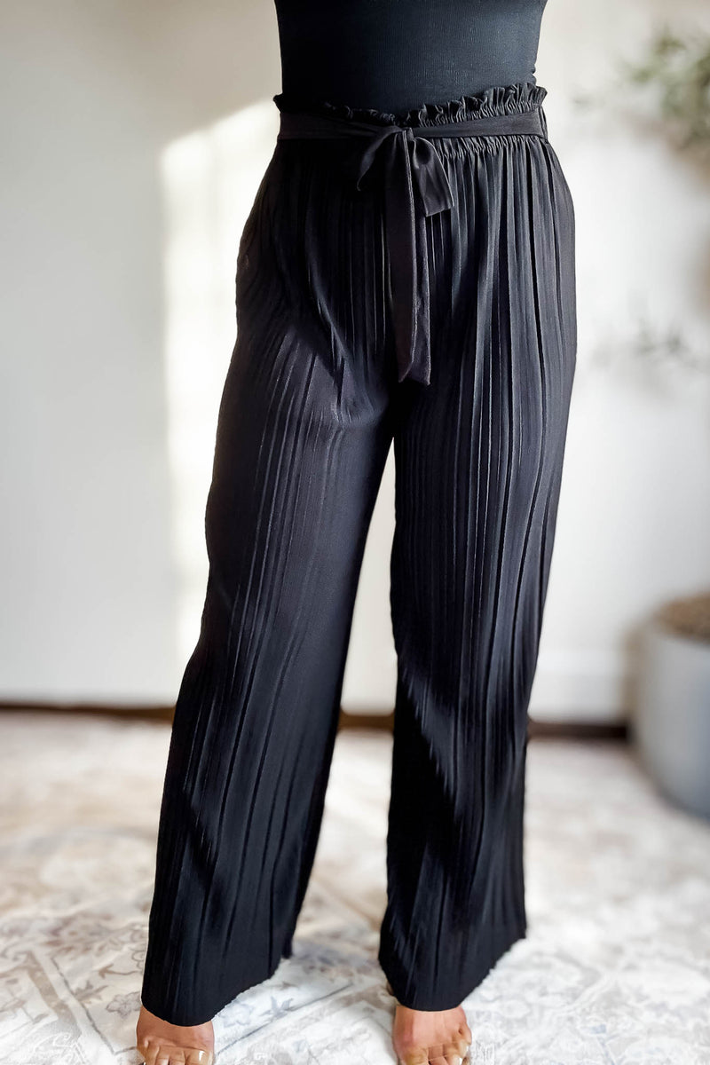 Pleated Black Wide Leg Paperback Self Tie Pants