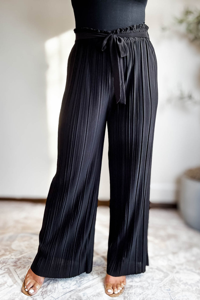 Pleated Black Wide Leg Paperback Self Tie Pants