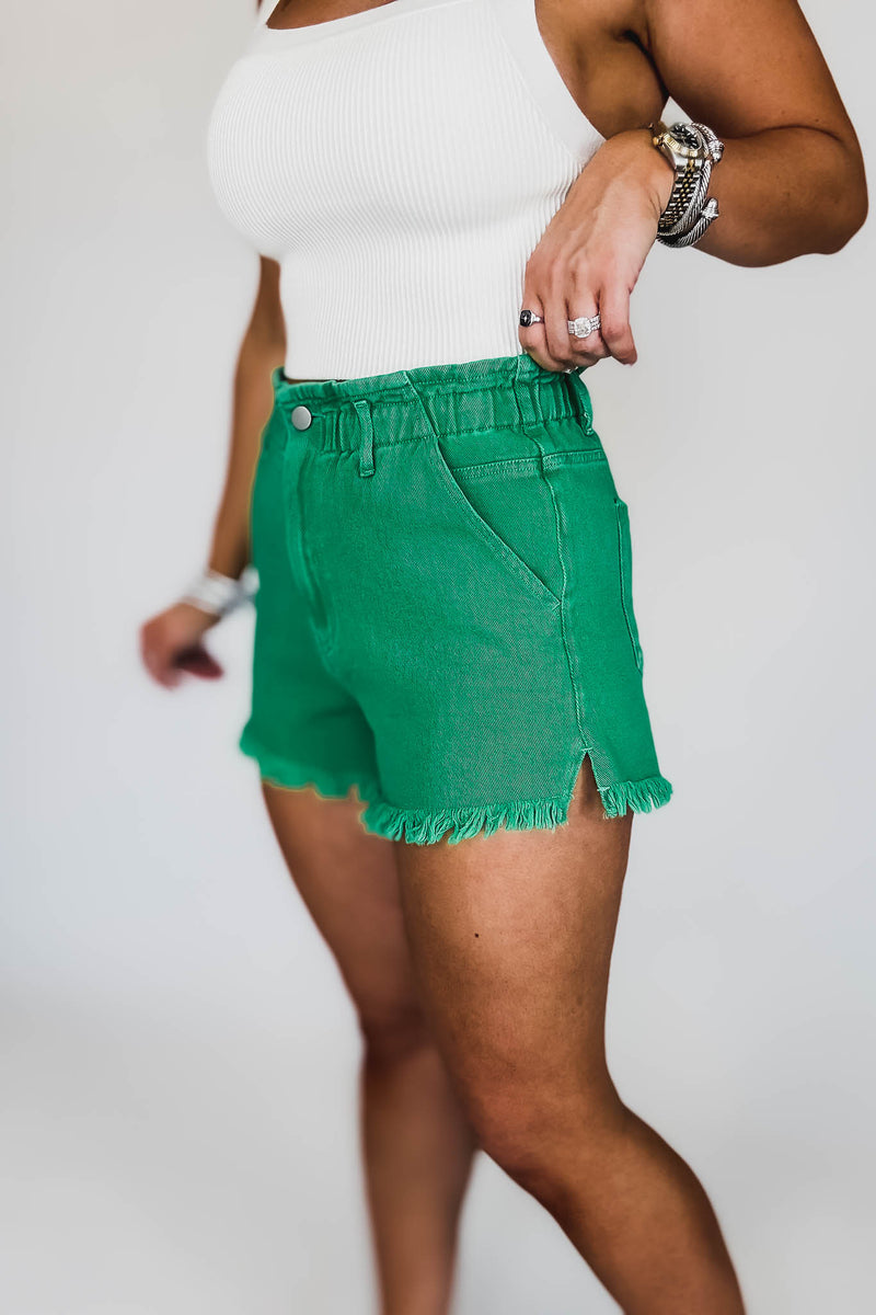 Paperbag Waist Stone Washed Green Shorts