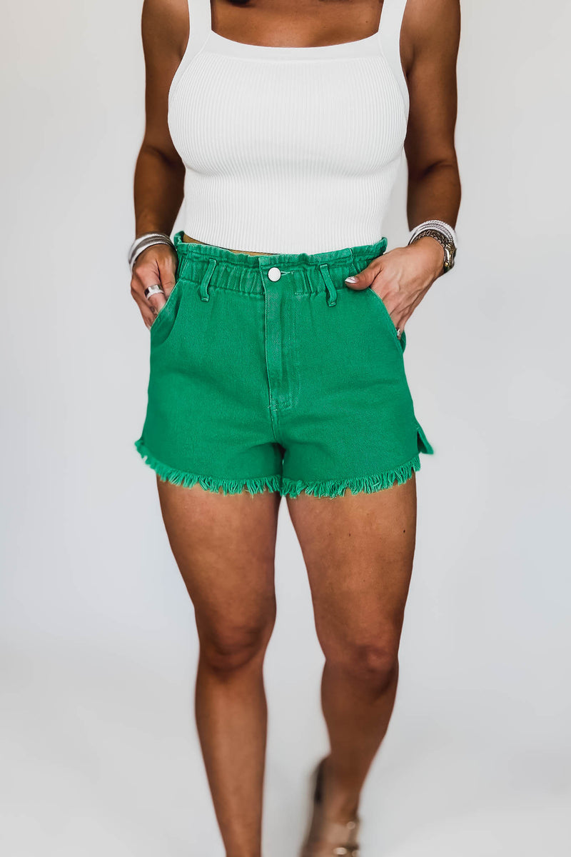 Paperbag Waist Stone Washed Green Shorts