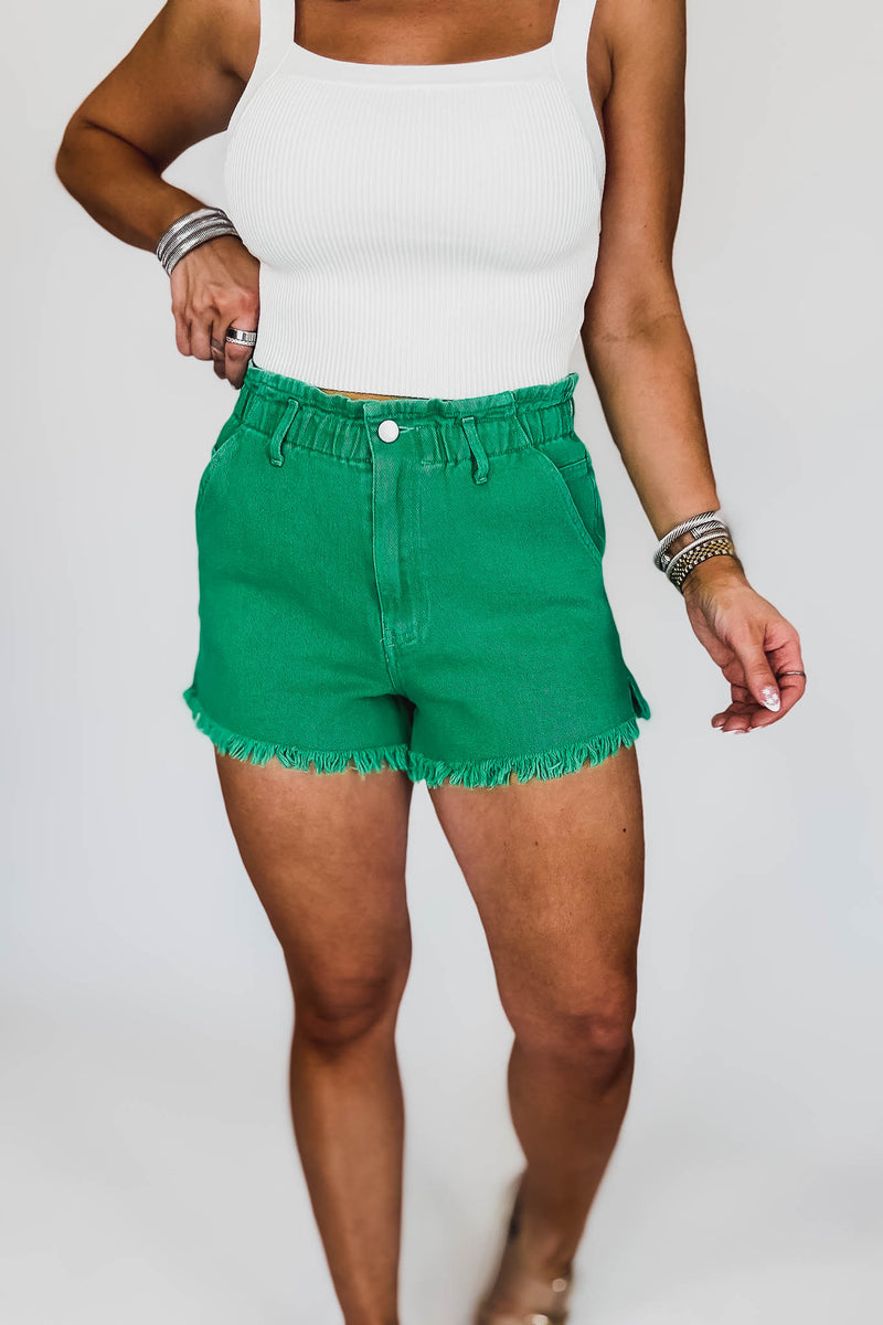 Paperbag Waist Stone Washed Green Shorts