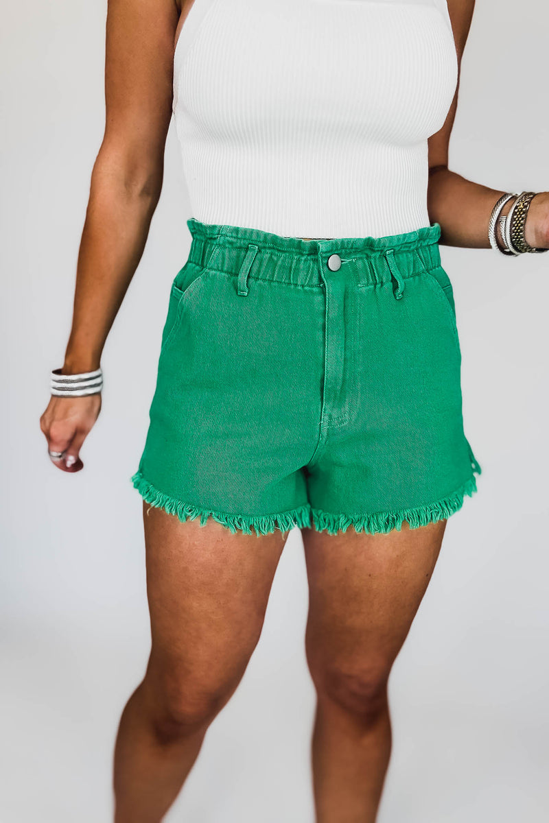 Paperbag Waist Stone Washed Green Shorts
