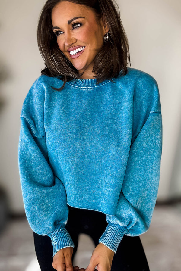 Sky Blue Acid Wash Fleece Cropped Pullover Top