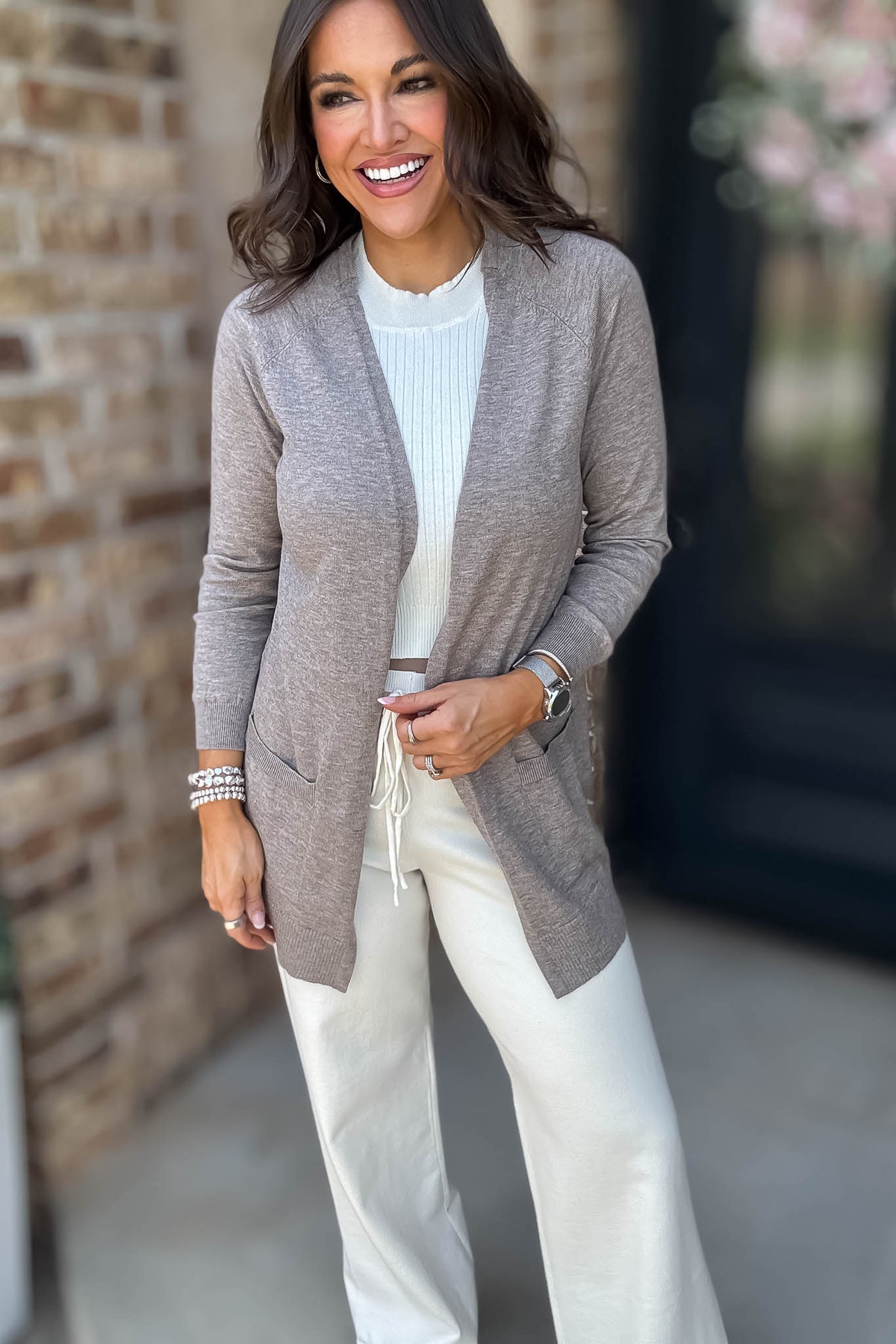 Just Right Heather Taupe Light Weight Open Sweater Cardigan 