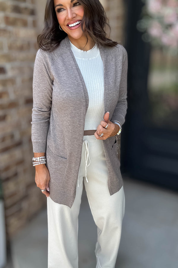 Just Right Heather Taupe Light Weight Open Sweater Cardigan