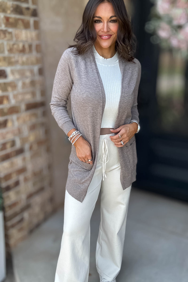 Just Right Heather Taupe Light Weight Open Sweater Cardigan