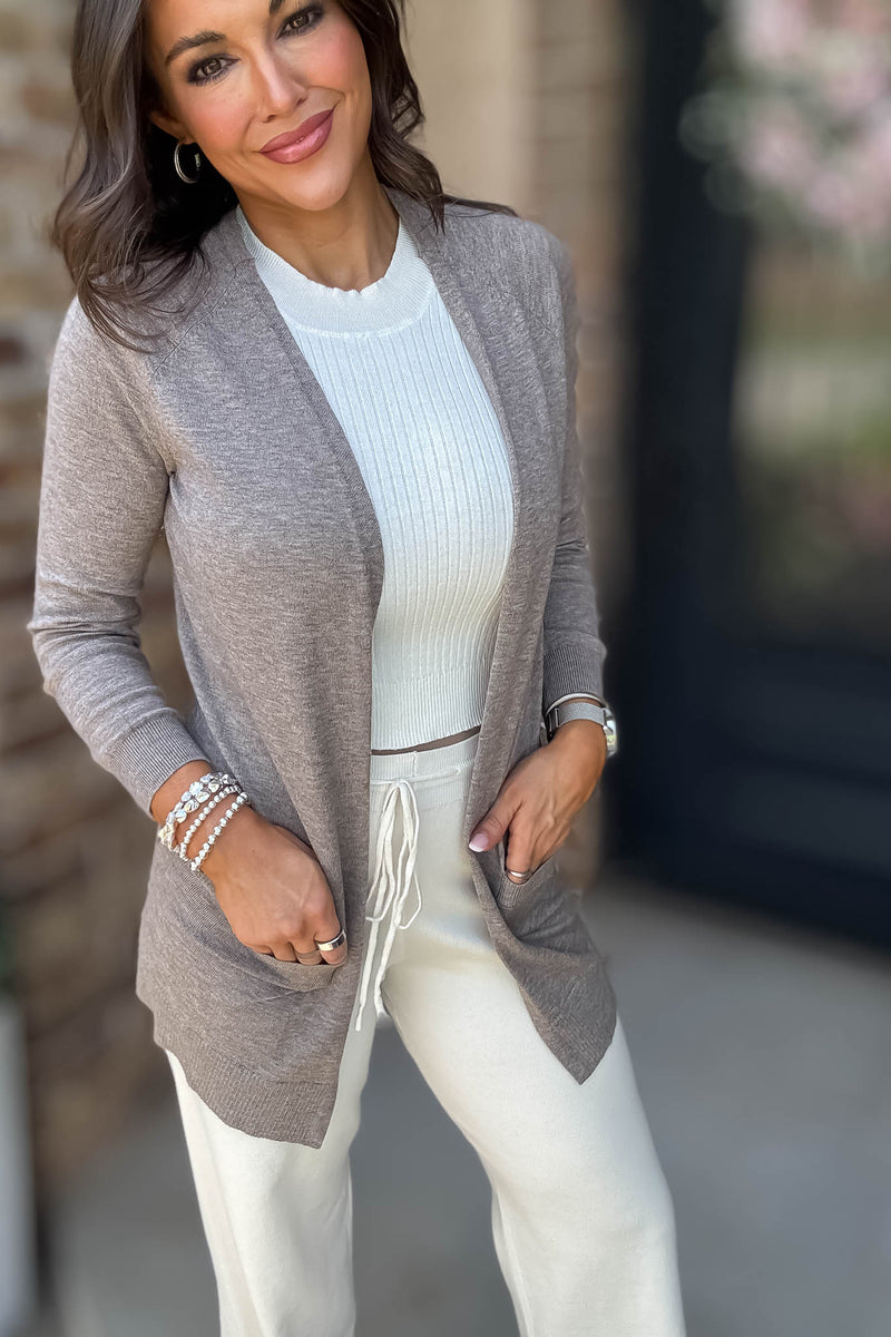 Just Right Heather Taupe Light Weight Open Sweater Cardigan