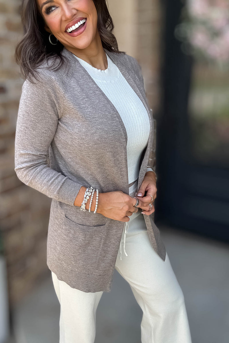 Just Right Heather Taupe Light Weight Open Sweater Cardigan