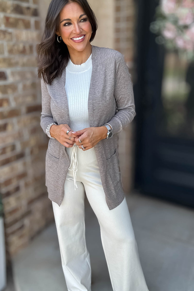 Just Right Heather Taupe Light Weight Open Sweater Cardigan