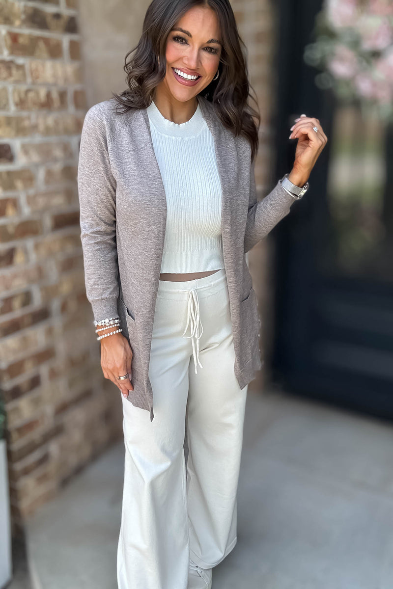 Just Right Heather Taupe Light Weight Open Sweater Cardigan