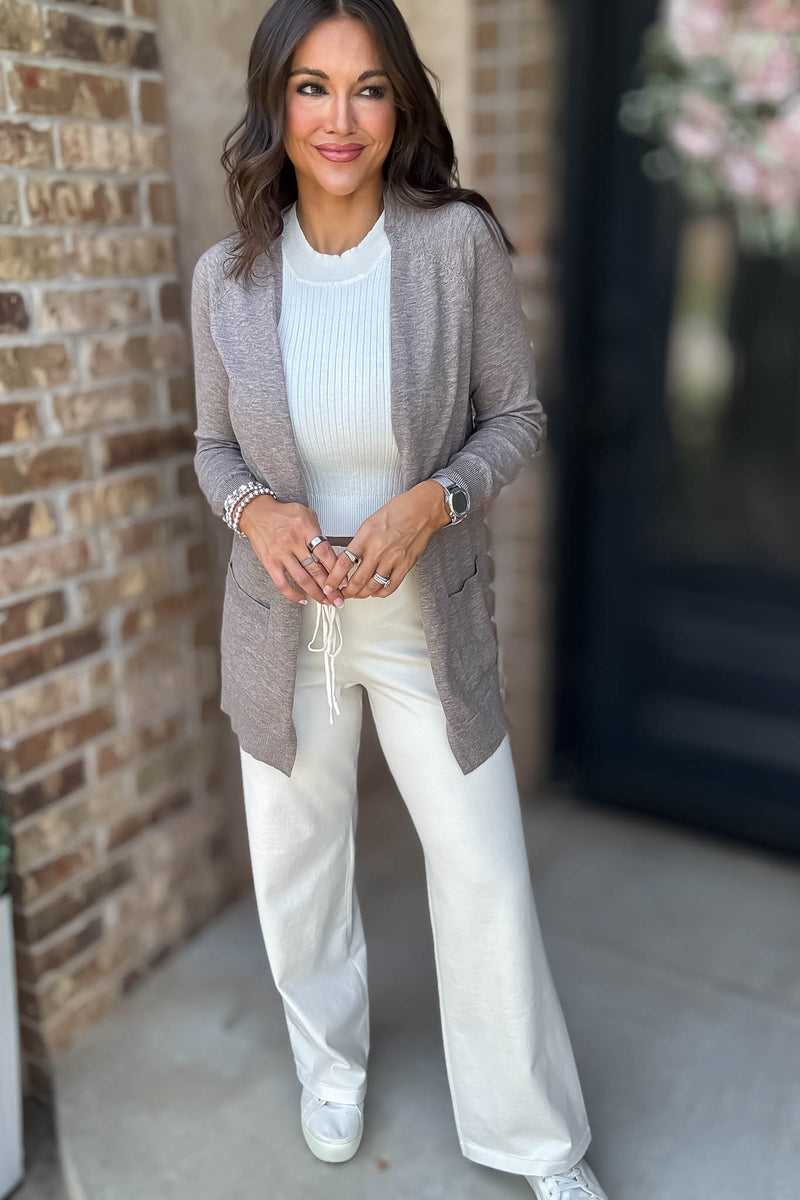 Just Right Heather Taupe Light Weight Open Sweater Cardigan