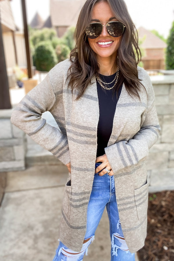 Perhaps Someday Taupe Stripe Sweater Cardigan
