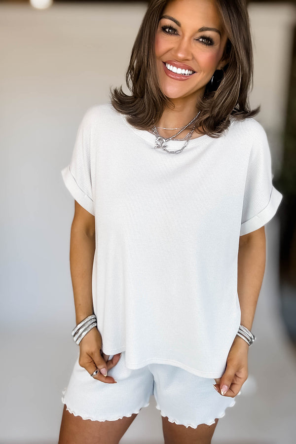 Cream Round Neck Roll Up Short Sleeve Top & Shorts