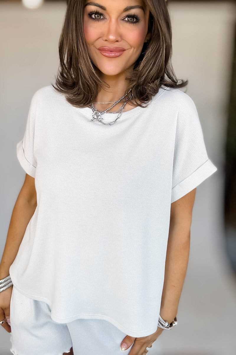 Cream Round Neck Roll Up Short Sleeve Top & Shorts