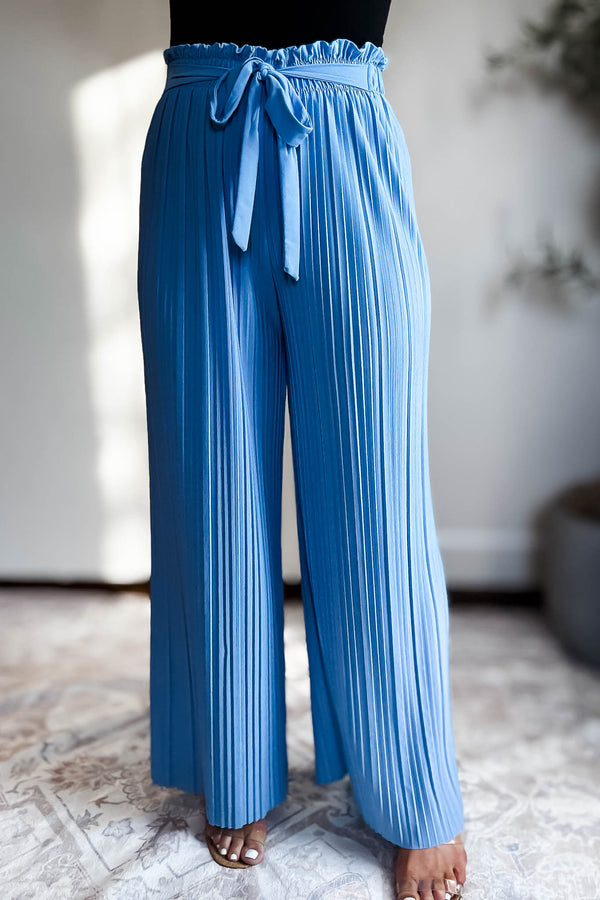 Pleated Blue Wide Leg Paperback Self Tie Pants