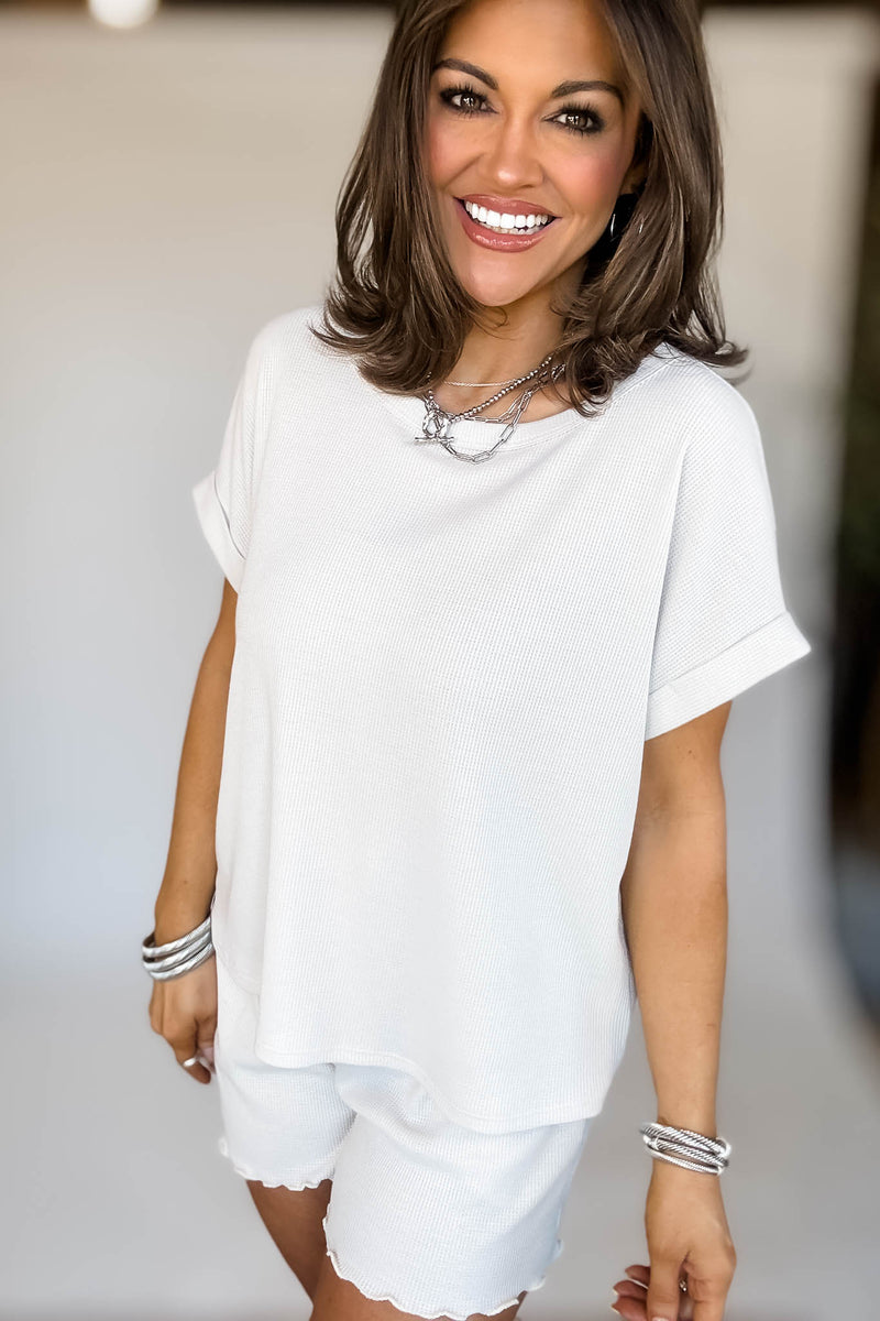 Cream Round Neck Roll Up Short Sleeve Top & Shorts