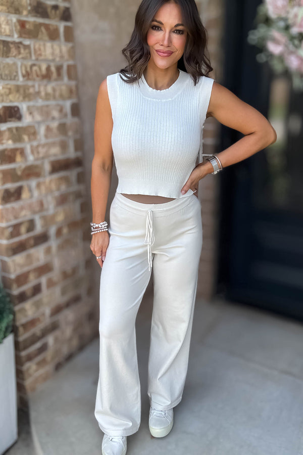 Cream Tie Waist Straight Knit Long Pants
