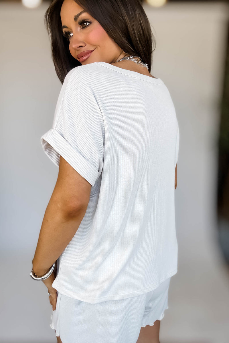 Cream Round Neck Roll Up Short Sleeve Top & Shorts