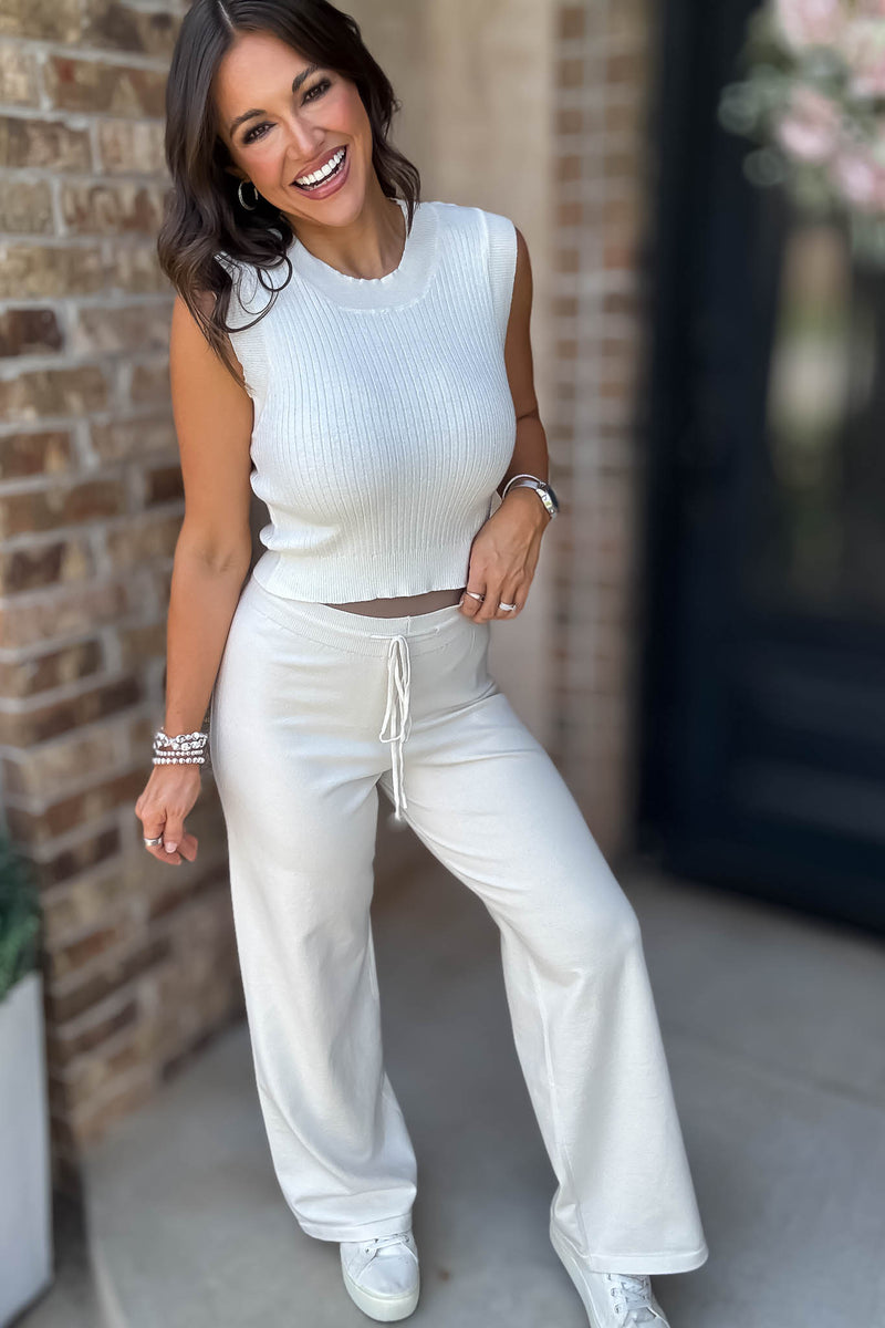 Cream Tie Waist Straight Knit Long Pants