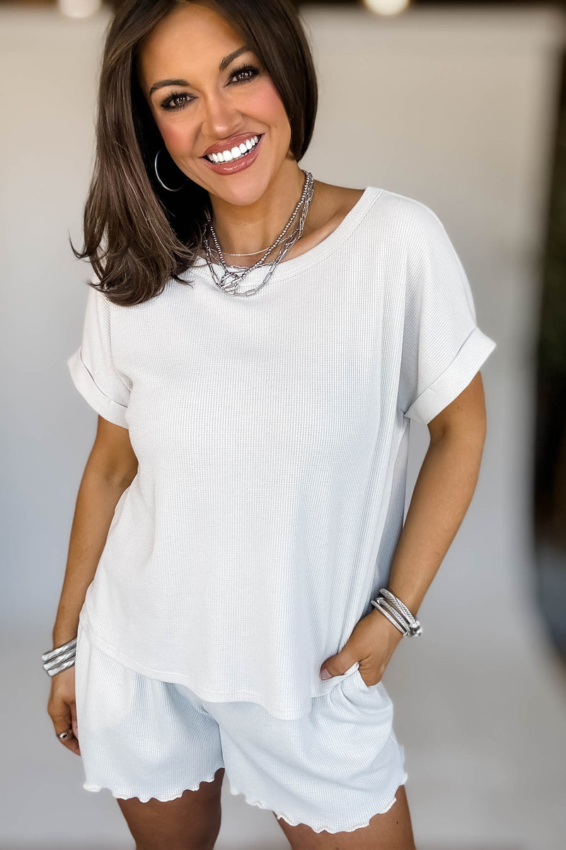 Cream Round Neck Roll Up Short Sleeve Top & Shorts