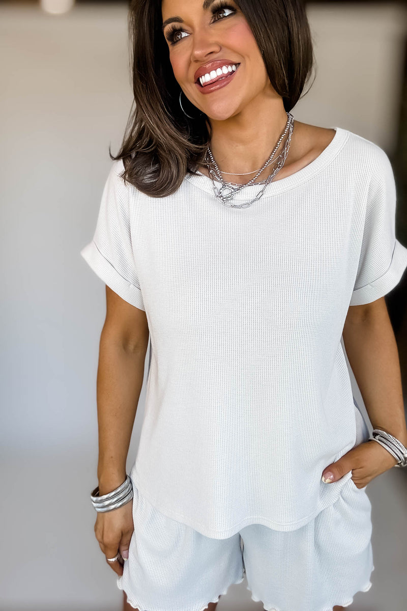 Cream Round Neck Roll Up Short Sleeve Top & Shorts