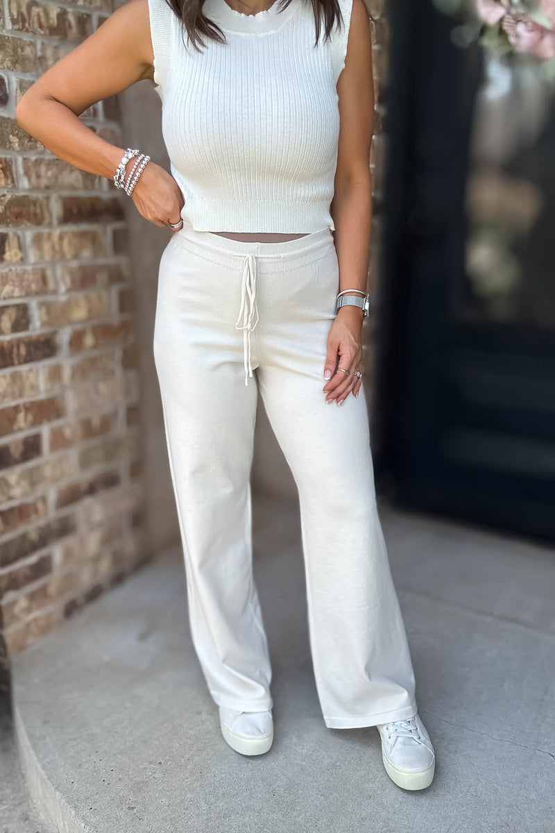Cream Tie Waist Straight Knit Long Pants