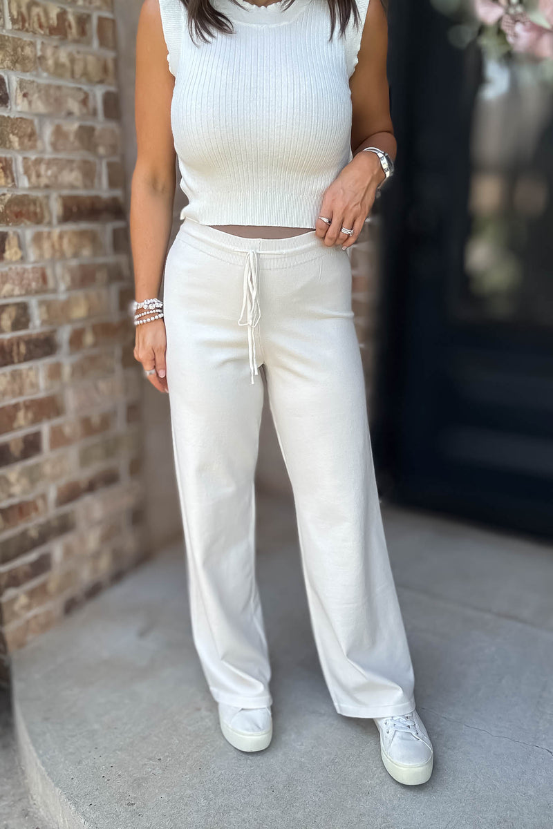 Cream Tie Waist Straight Knit Long Pants