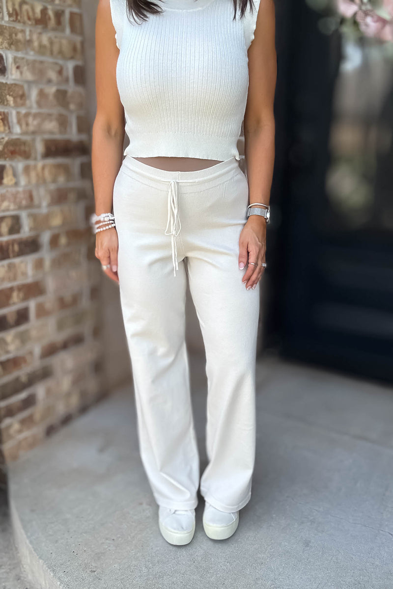 Cream Tie Waist Straight Knit Long Pants