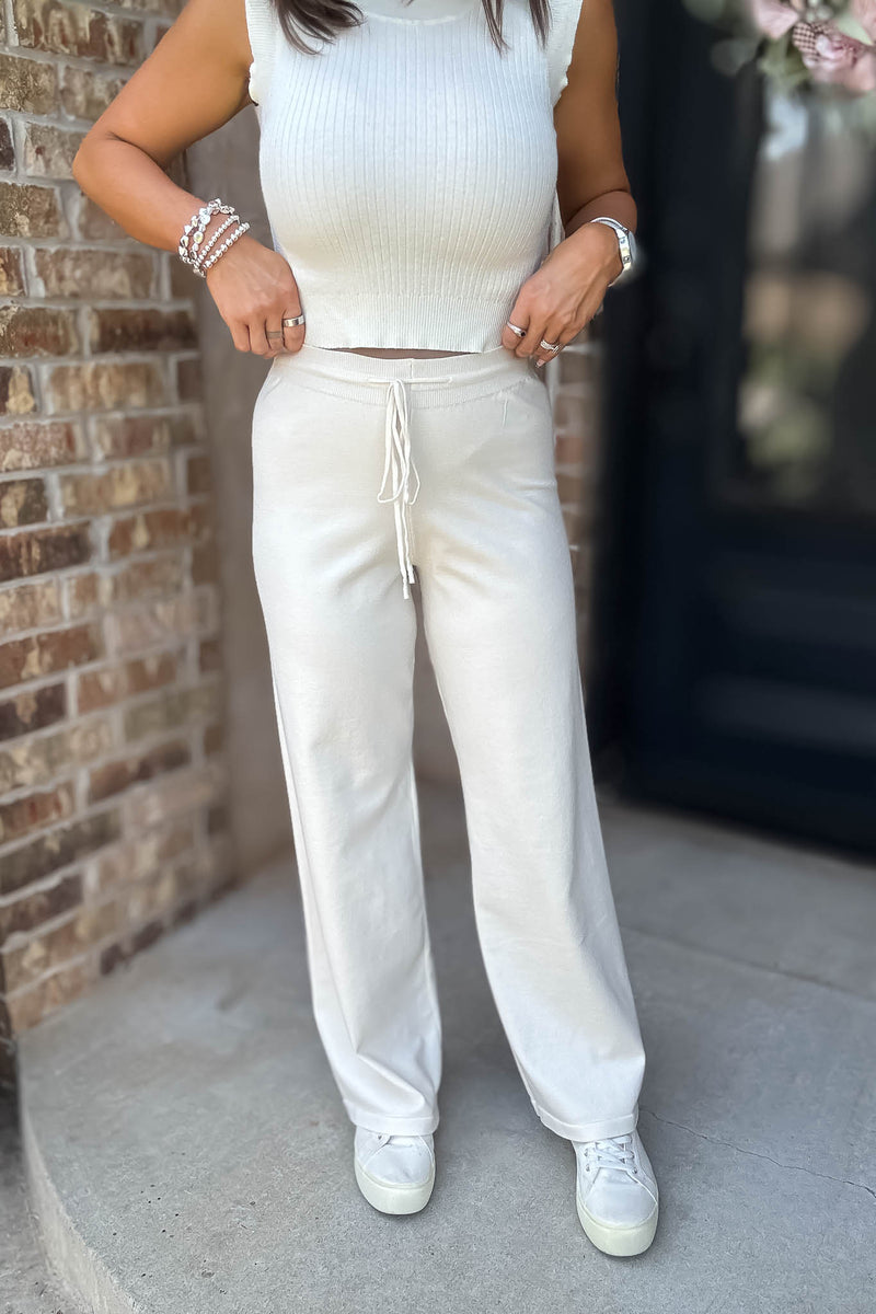 Cream Tie Waist Straight Knit Long Pants