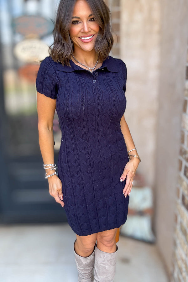 Navy Collar Scallop Detail Cable Knit Midi Dress