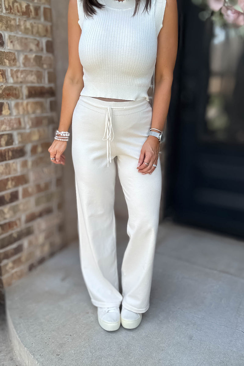 Cream Tie Waist Straight Knit Long Pants