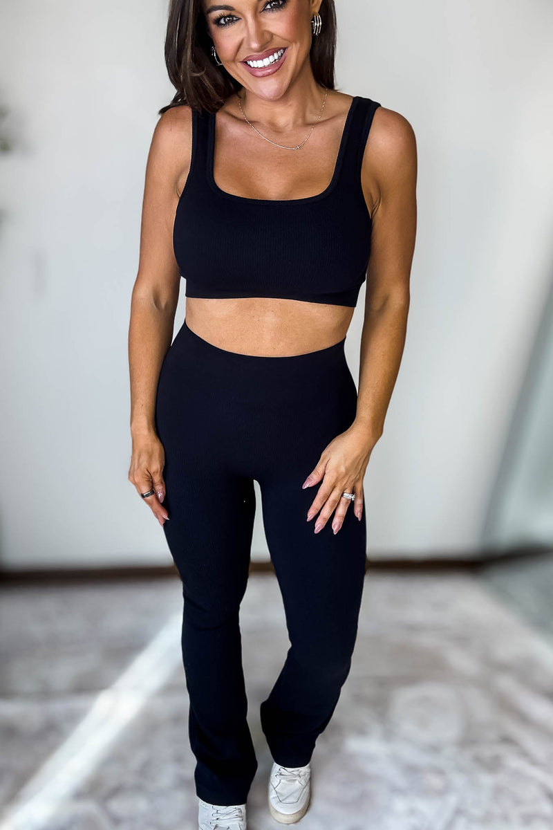Black Square Neck Sports Bra and Flare Legging Set