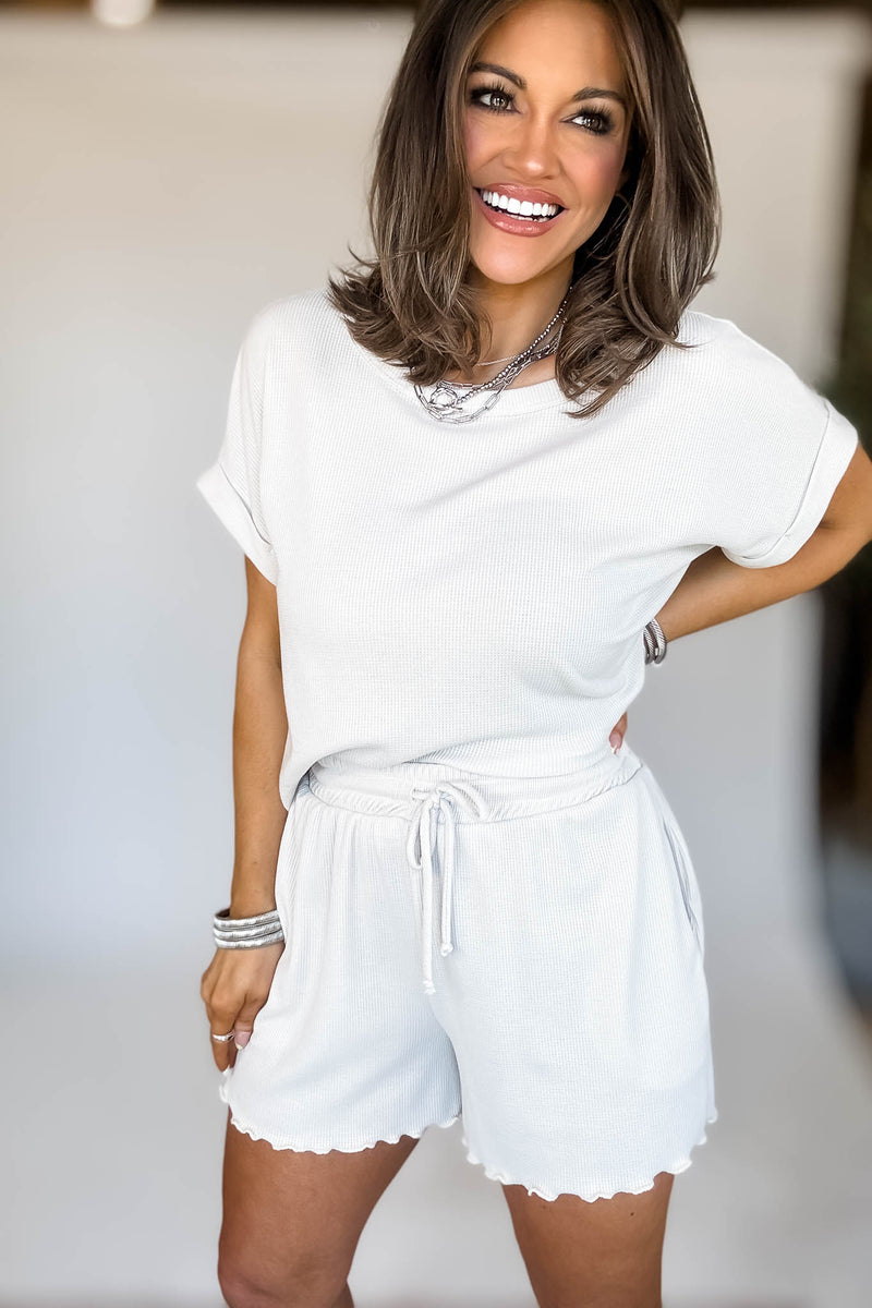 Cream Round Neck Roll Up Short Sleeve Top & Shorts