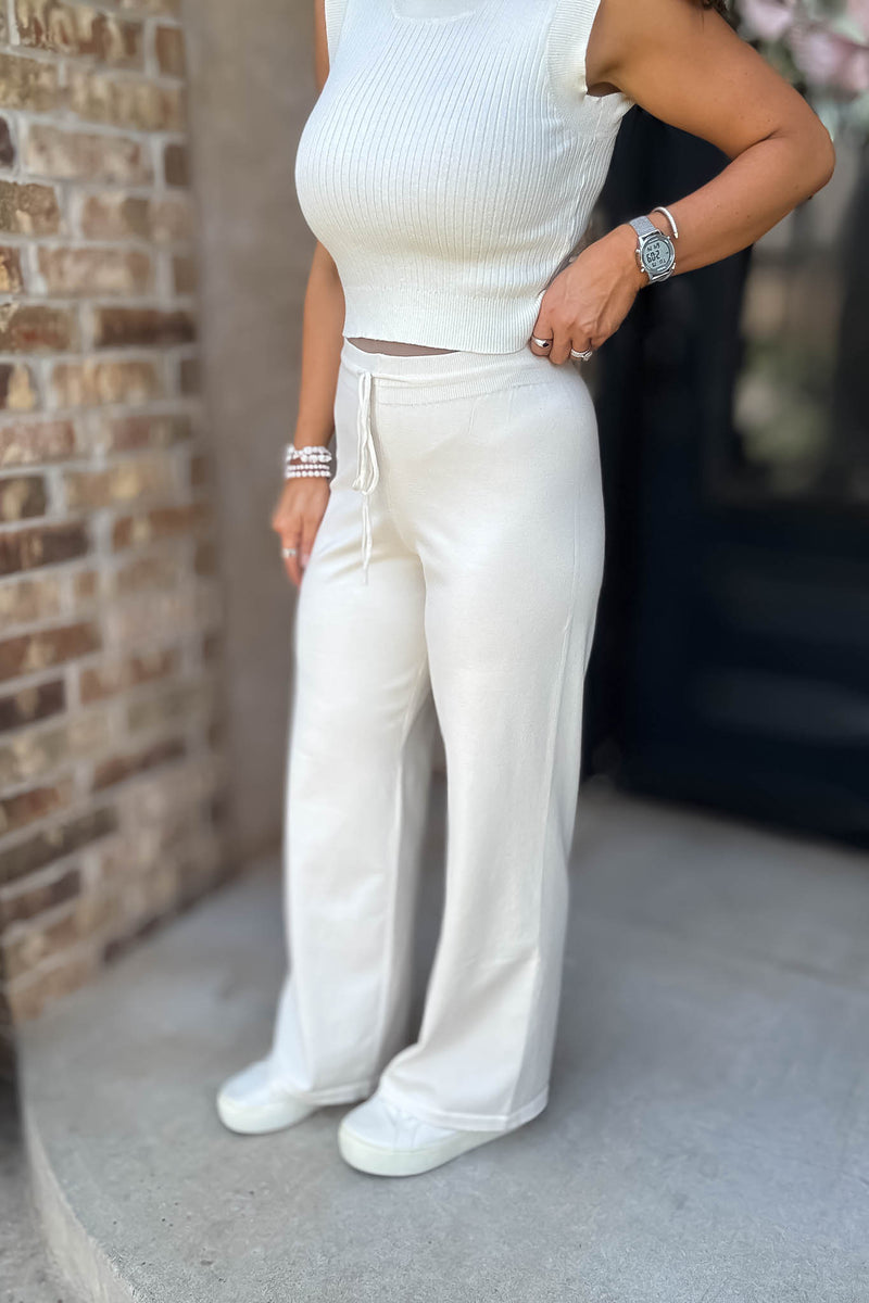 Cream Tie Waist Straight Knit Long Pants
