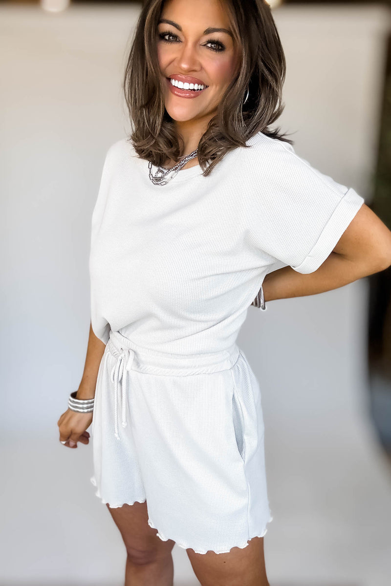 Cream Round Neck Roll Up Short Sleeve Top & Shorts