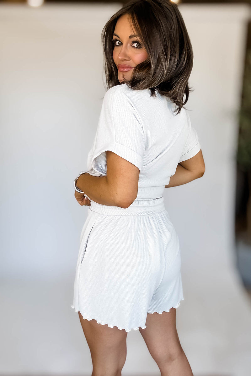 Cream Round Neck Roll Up Short Sleeve Top & Shorts