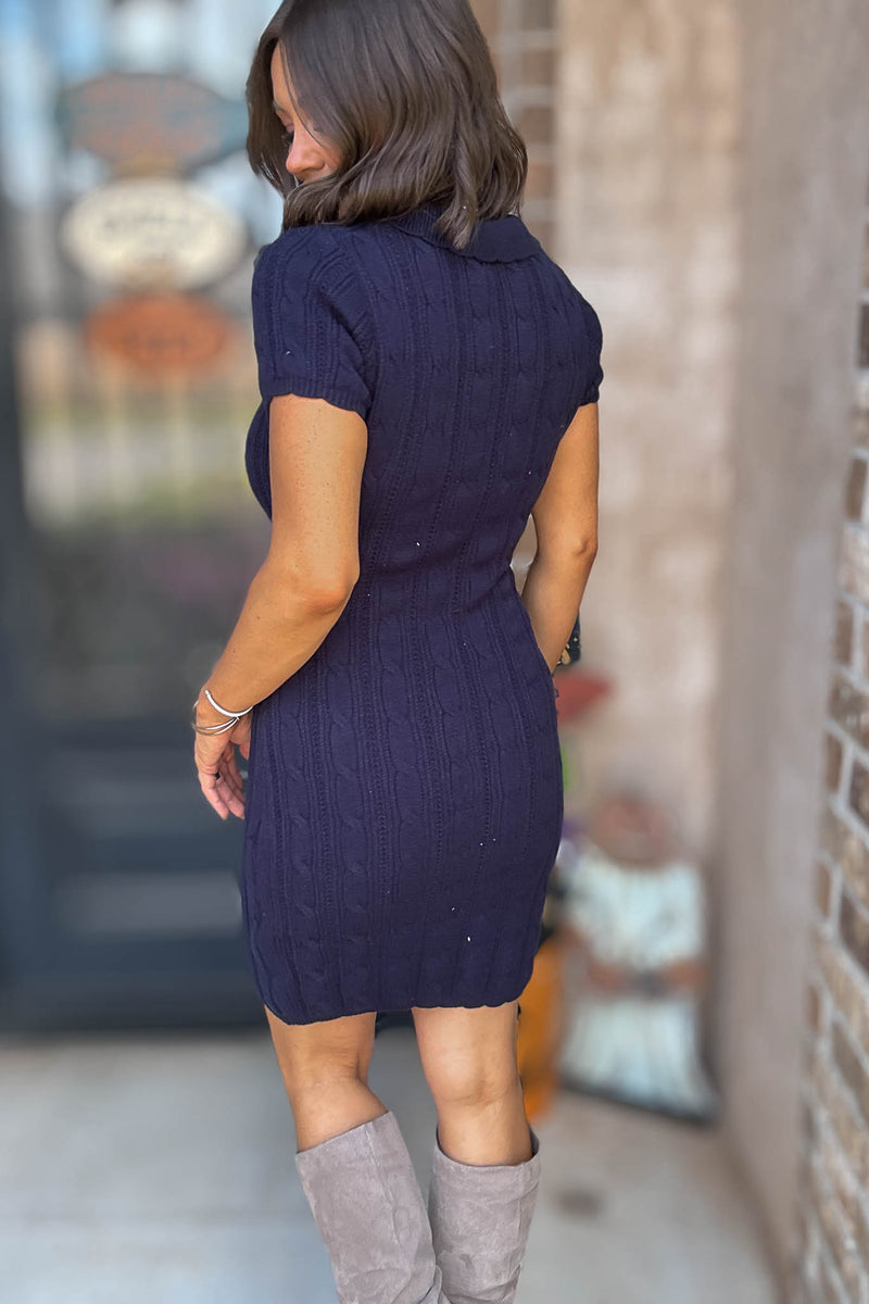 Navy Collar Scallop Detail Cable Knit Midi Dress