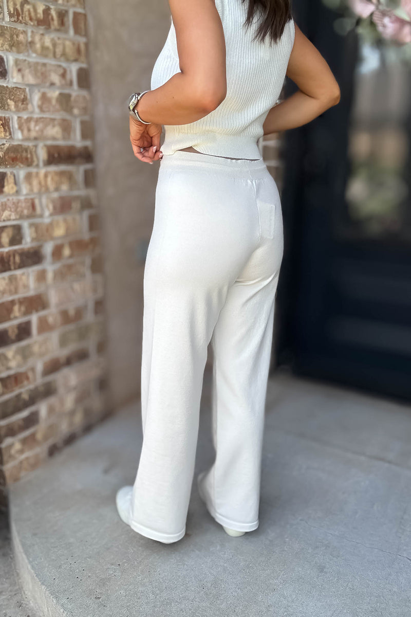 Cream Tie Waist Straight Knit Long Pants