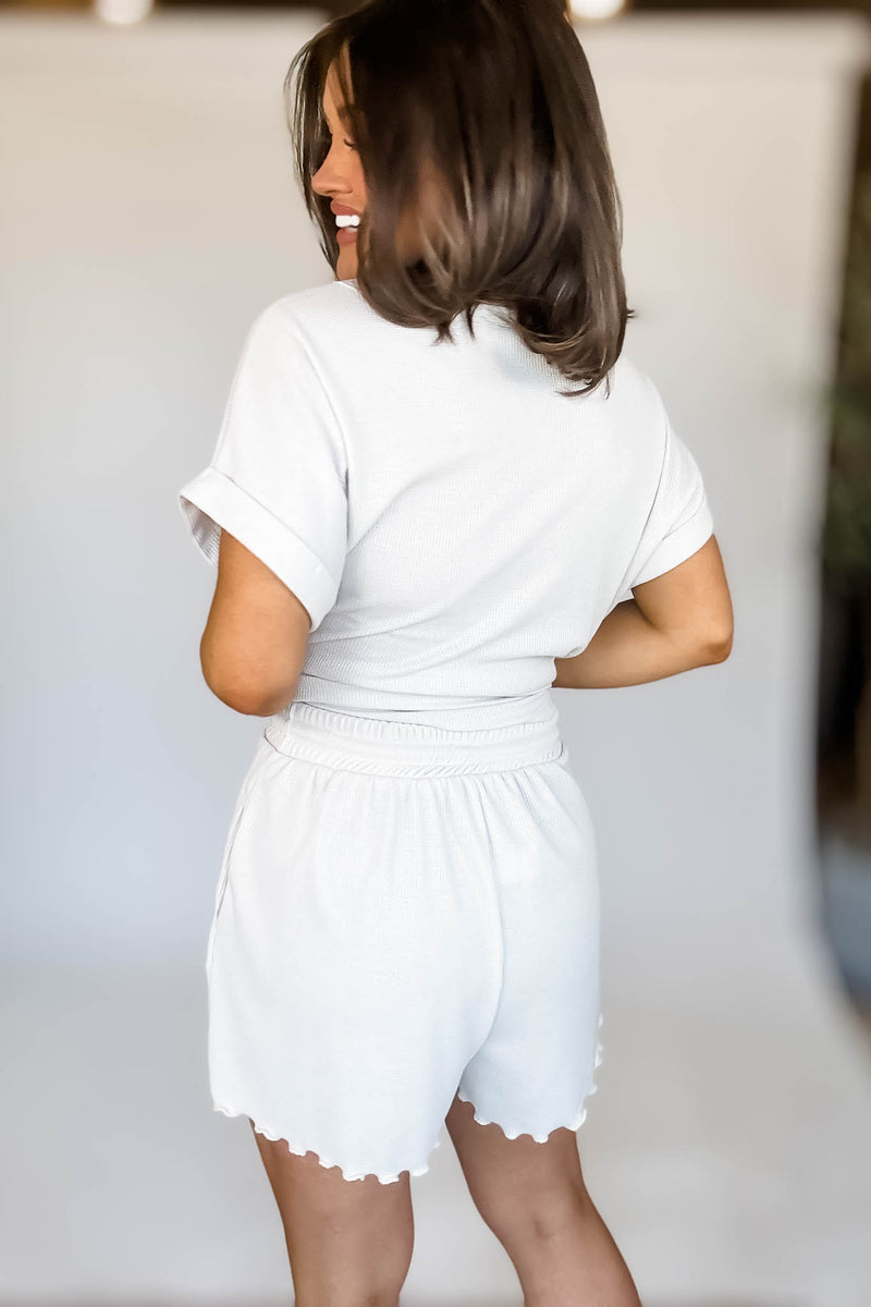 Cream Round Neck Roll Up Short Sleeve Top & Shorts