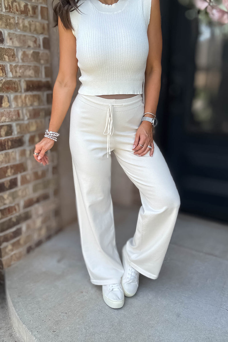 Cream Tie Waist Straight Knit Long Pants