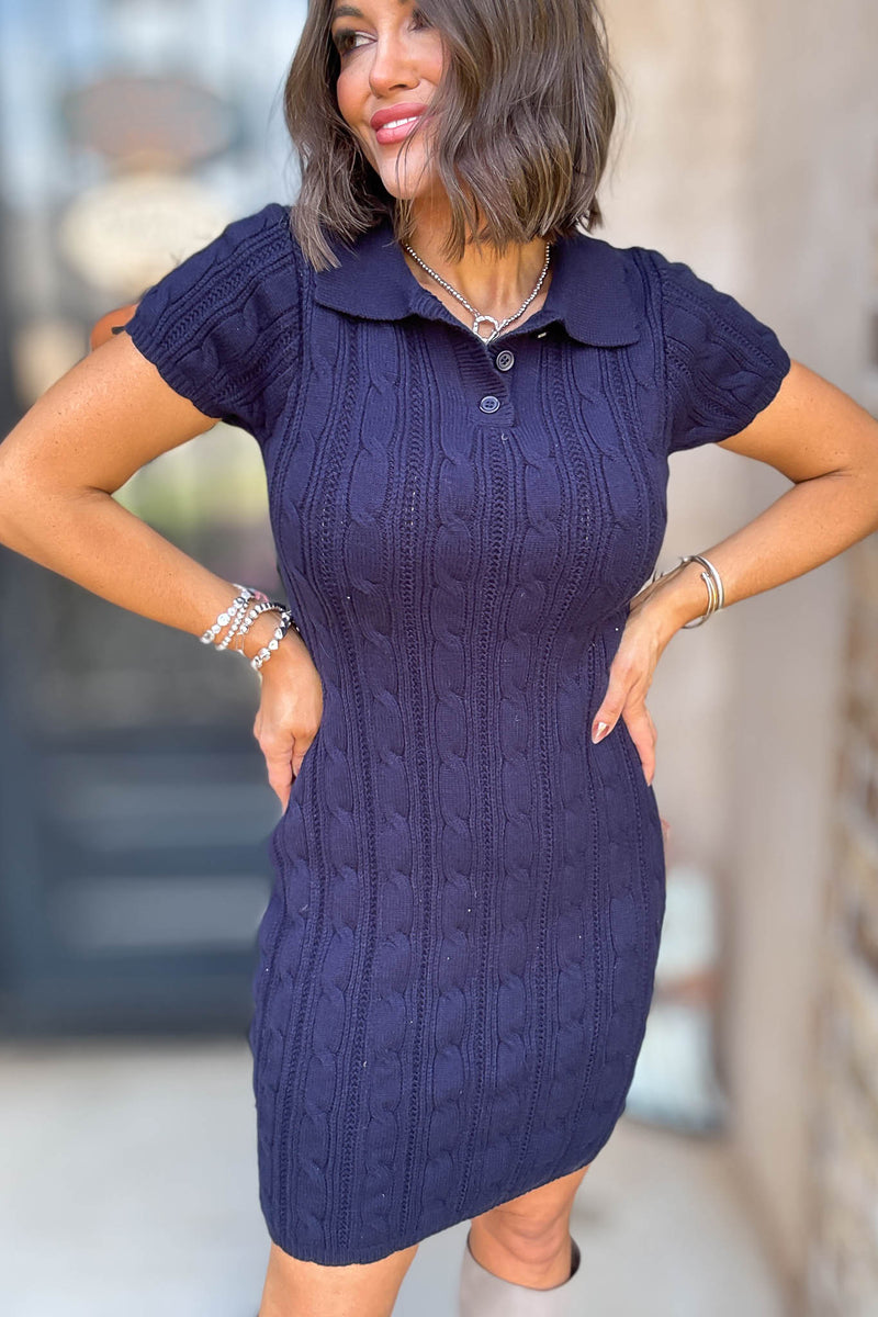 Navy Collar Scallop Detail Cable Knit Midi Dress