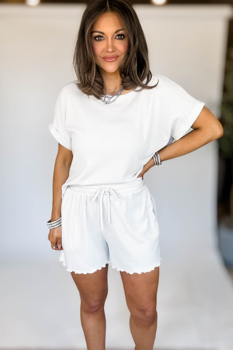 Cream Round Neck Roll Up Short Sleeve Top & Shorts