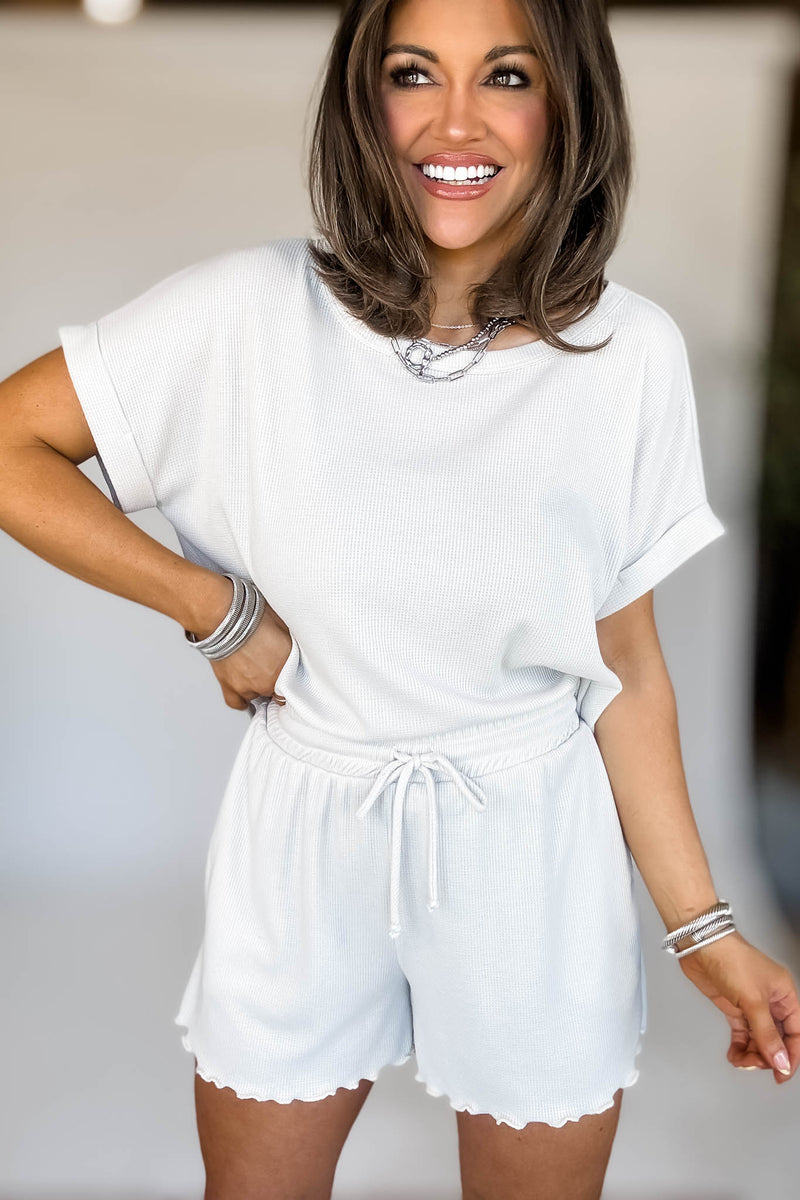 Cream Round Neck Roll Up Short Sleeve Top & Shorts