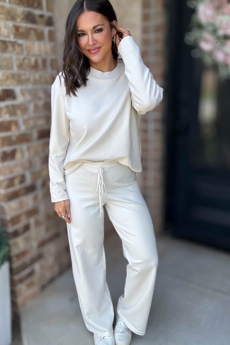 Cream Tie Waist Straight Knit Long Pants