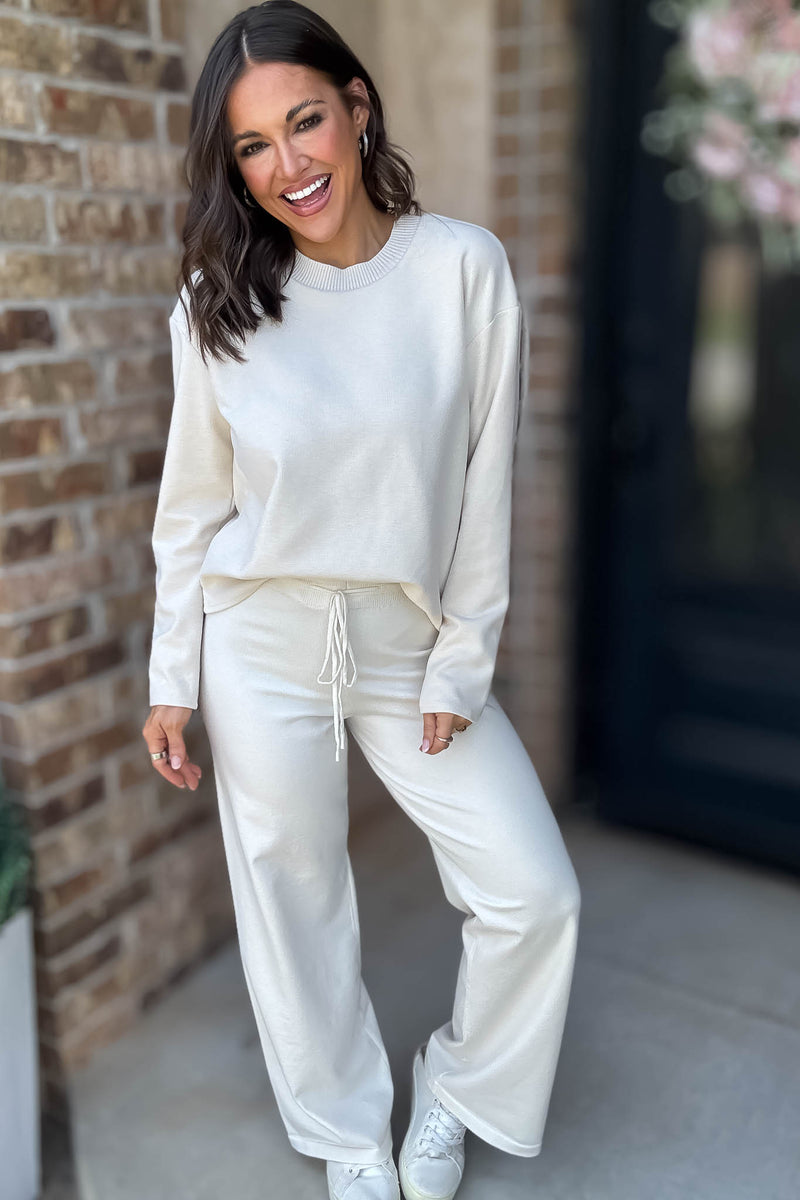 Cream Tie Waist Straight Knit Long Pants